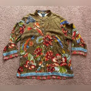 citron quarter sleeve button up shirt medium asian art deco koi fish flowers